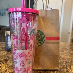 Pink Monkey Tumbler with Straw
